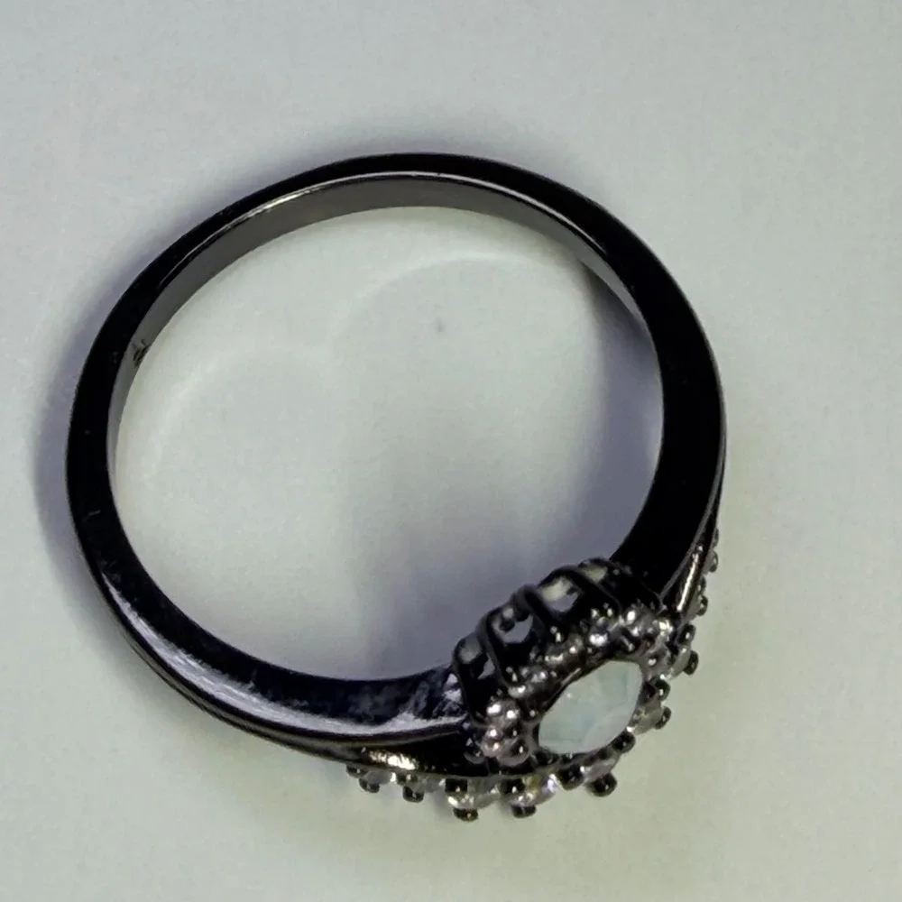 Fragrant Jewels Black Faux Opal Crystal Halo  Ring Size 8 Moon Flowers Gothcore